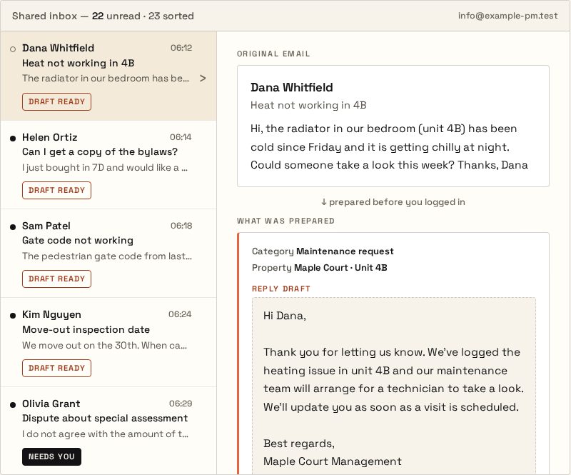 Screenshot of the interactive walkthrough: sorted inbox with a finished reply draft