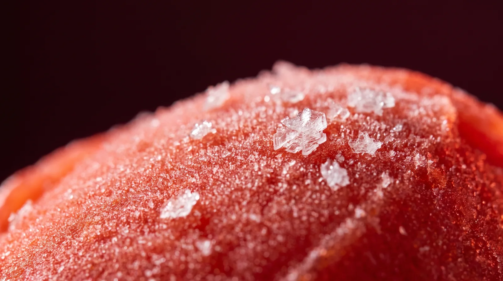 KI-Visual: bereifte Blutorangen-Granita mit Salzkristallen.