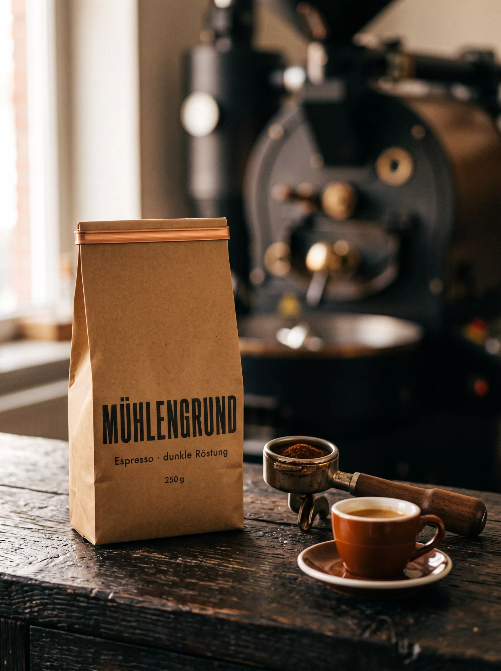 KI-Visual: derselbe Beutel in einer Rösterei neben Siebträger und Espresso.